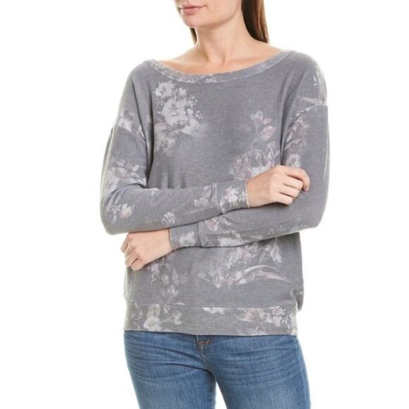 Chaser Semaj Scoop Neck Gray Floral Sweatshirt Small - Picture 1 of 7